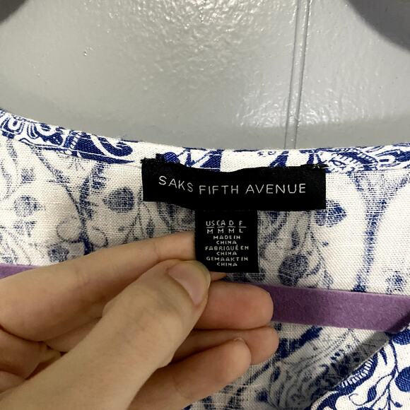 Saks Fifth Avenue Blue Printed Linen Smocked A-line Summer Mini Dress M - Picture 2 of 7